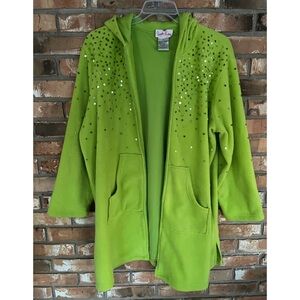 Quaker Factory Plus Size 1X Lime Green Fleece Sequin Zip-Up Hoodie Jacket